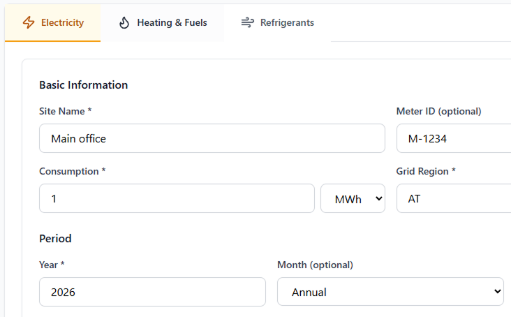 Data Entry: Electricity form with site, consumption, region, period, evidence upload, and data quality tag